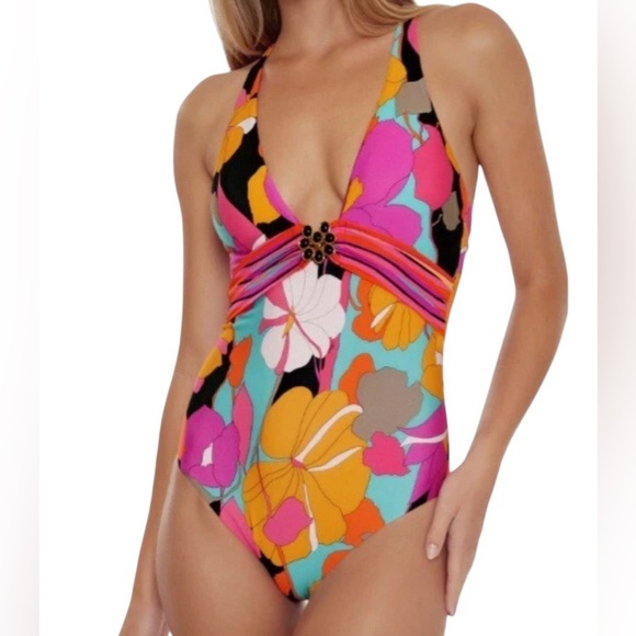 TRINA TURK Gemini Halter Plunge Top One Piece Swimsuit Multicolor Size 10 - Picture 3 of 16
